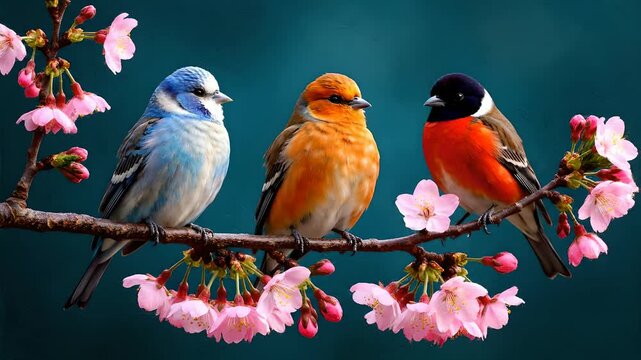 Three vibrant passerine birds, blue, orange, and red, perch on a cherry blossom branch; one preens its plumage. Ideal for spring season visuals, peaceful wildlife content, relaxation media,