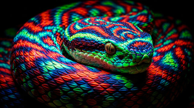 Psychedelic Neon Viper Close-up Under UV Blacklight