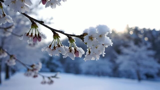 Cherry blossom branch adorned with delicate frost and snow on a bright winter day, set against a serene snowy landscape with sunlight. Ideal for nature, seasonal transitions, winter beauty,