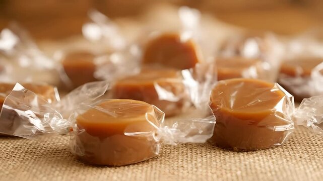 Individually wrapped caramel candies slowly pan across a rustic burlap surface, showcasing delicious homemade sweets, gourmet treats, or confectionery products. Perfect for holiday desserts,