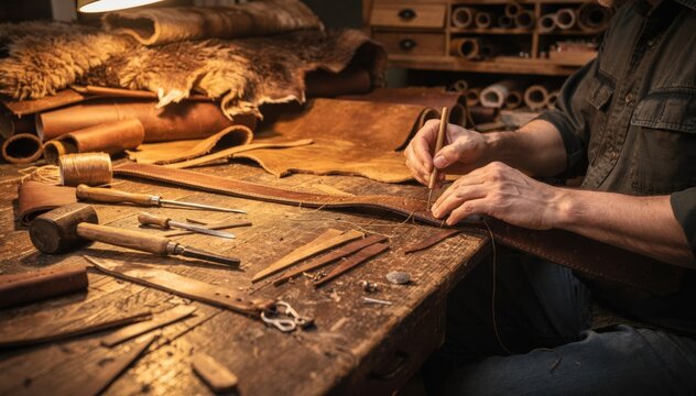 Artisan shaping and stitching a rugged leather belt in a cozy workshop showcasing rustic craftsmanship with natural hides and handcut edges.