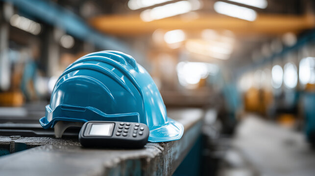 Minimalist shot of an NDT specialist's hard hat and a digital sensor sitting on a heavy machinery part, NDT Professionals Day concept, reliability and readiness, soft morning light