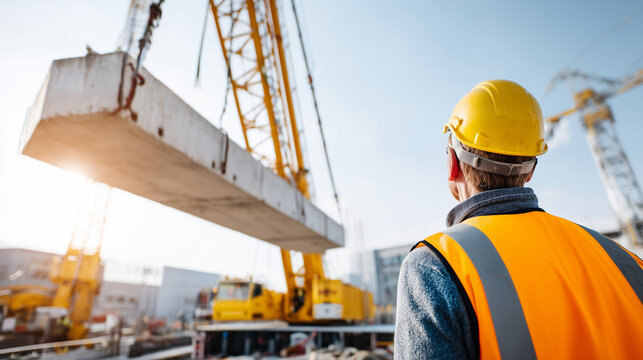 Banner view of a massive crane lifting a concrete slab, faceless engineer supervising from below, Civil Engineer's Day concept, industrial progress, bright sunny day, vast construc
