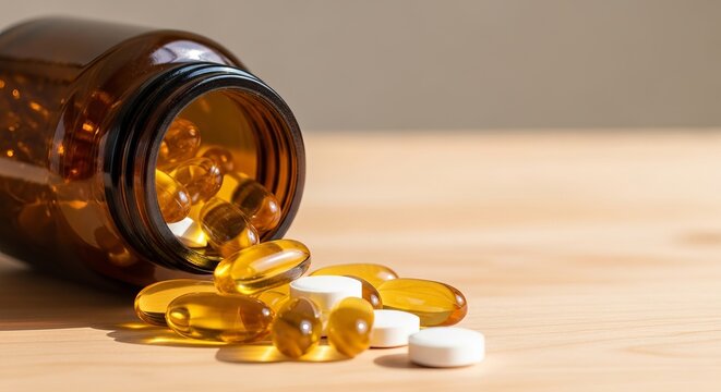 An amber bottle spilling essential vitamins and dietary supplements on a wooden surface, illustrating a nutrition and health concept