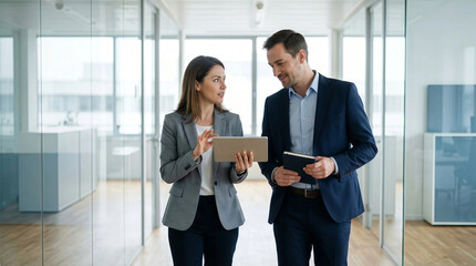 Two corporate colleagues discussing a financial strategy on a digital tablet while walking through a modern office building