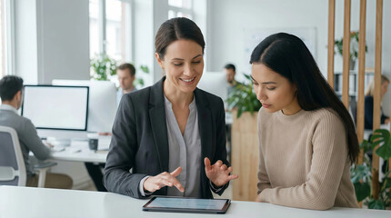 A senior financial advisor mentoring a junior colleague, using a digital tablet to explain market data in a busy office