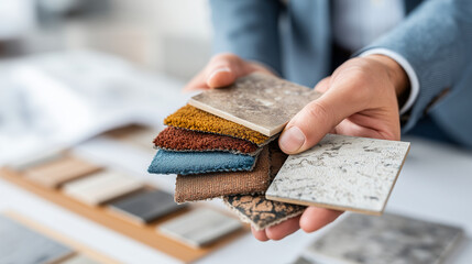 Close-up of faceless hands holding a selection of high-end outdoor fabric samples and stone tiles, Luxury Landscape Design concept, color palette curation, soft diffused lighting,