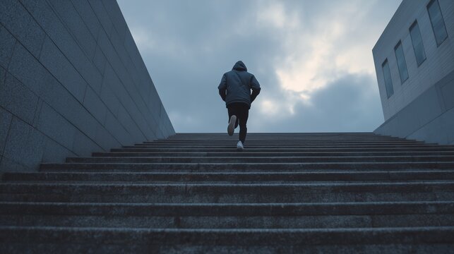Person runs up a staircase during early evening in a modern urban setting with clouds in the sky