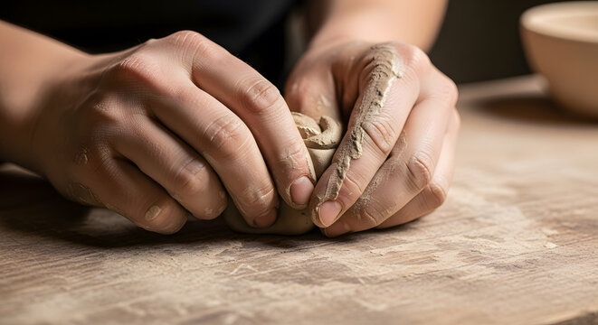 Close-up of artisan hands shaping wet clay on a rustic wooden wo