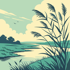 Serene wetlands landscape with abstract, delicate reeds and calm water, soft green and blue vector art.