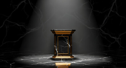 Luxury black marble pedestal with gold accents in spotlight social media thumbnail poster banner download 2026 2027