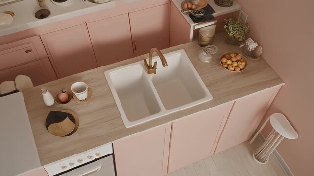 An aerial shot of a pastel-toned kitchen with a double sink, wooden countertops, and pink cabinetry. A stool and various decorative items