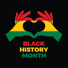 Black History Month poster with hand heart vector illustration. Hand heart gesture Pan-African flag icon. Red gold green african love hands flag symbol. Template for background, banner, card