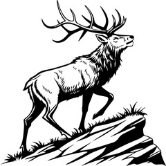 Obraz premium Stag Deer Standing on Rock Black Silhouette Illustration
