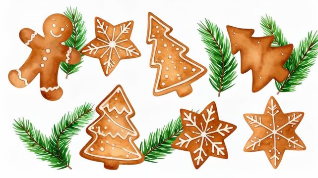 Watercolor Christmas gingerbread cookies and pine branches on a white background. Christmas tree, gingerbread man and stars cookies, hand drawn style.