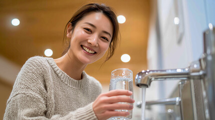 Joyful woman fills glass with clean water in a cozy home kitchen filled with warm light