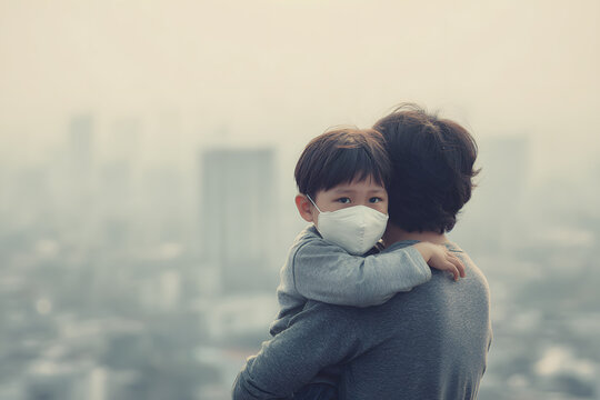 Portrait illustrating PM2.5 air pollution impact on children and families, close-up of a masked child held by a parent, visible fine particulate matter in hazy urban environment, environmental health 