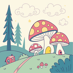 Fototapeta premium Playful fantasy mushroom valley landscape with whimsical vector elements and vibrant colors.