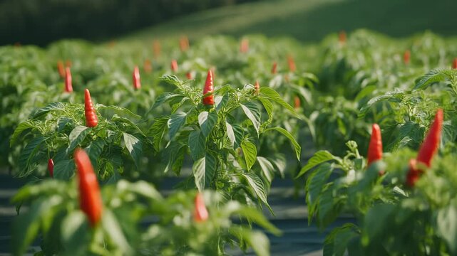 Red chili peppers growing in a lush green field.