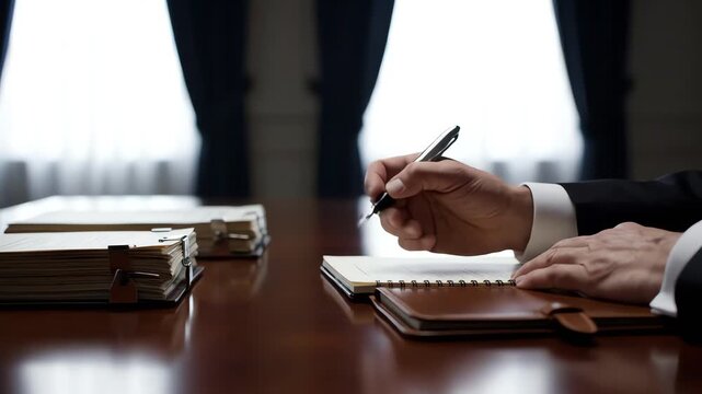Close-up of a person's hands writing in a spiral notebook on a wooden desk with a stack of papers and a blurred office background.