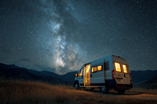 serene nighttime camping scene with camper van parked under starry milky way galaxy in vast open landscape with mountains in distance surrounded by tall grass and illuminated interior.
