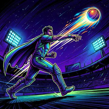 funky comic-style illustration of a fast bowler at full delivery stride, bowling arm whipping forward with exaggerated speed lines