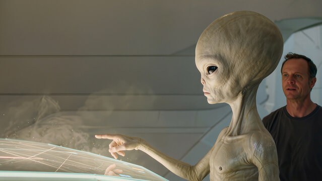 Alien being interacting with futuristic holographic interface while human observer watches indoors. Concept of extraterrestrial intelligence, advanced technology, and first contact research