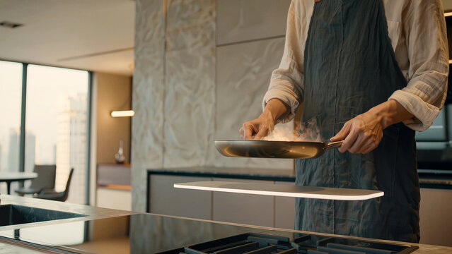 Adult cook using levitating futuristic cooking pan in modern kitchen interior. Concept of alien technology, advanced smart home appliances, and future food preparation
