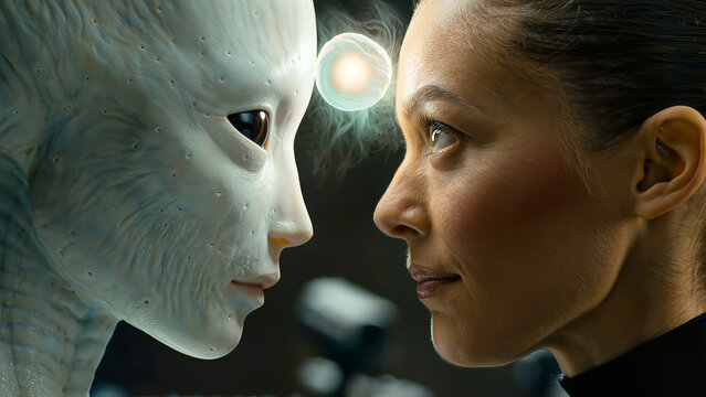 Human woman face to face with alien being sharing glowing knowledge sphere. Concept of alien technology, extraterrestrial intelligence, and future human evolution