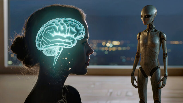 Human woman receiving alien knowledge transfer through glowing brain interface at night. Concept of extraterrestrial technology, advanced intelligence sharing, and cognitive evolution