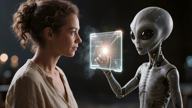 Human woman facing alien humanoid interacting with glowing holographic interface at night. Concept of extraterrestrial intelligence, advanced alien technology, and first contact communication