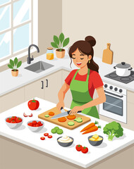 Woman cooking vegetables in kitchen illustration