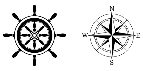 Nautical symbols: ship's wheel and compass rose for maritime navigation vector illustration. © akram