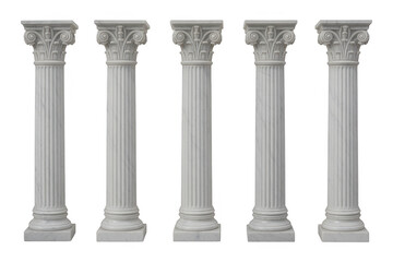 Obraz premium Five white marble columns with ornate capitals isolated on a transparent background