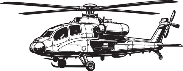 Military Helicopter Black and White Line Art Illustration © Bui