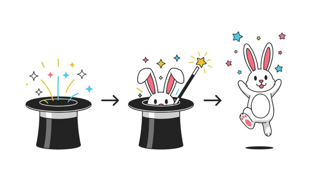 Step-by-step sequence of a magic show trick pulling a cute white rabbit out of a black top hat with glowing stars.