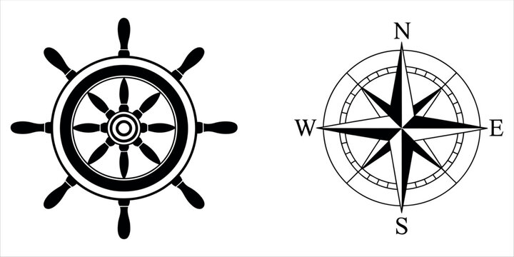 Nautical symbols: ship's wheel and compass rose for maritime navigation vector illustration.