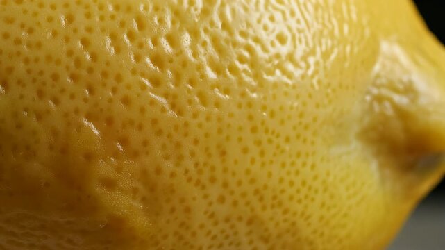 Close-up of a citrus fruit's surface, showcasing a textured yellow peel with small dimples and a slightly glossy appearance