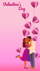 Romantic Indian couple kissing with paper cut style heart background. Valentine Day design with copy space. Vertical vector illustration.