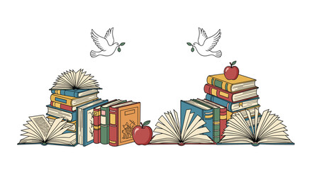Symmetrical arrangement of stacked books, open books, red apples, and white doves of peace on a white background.