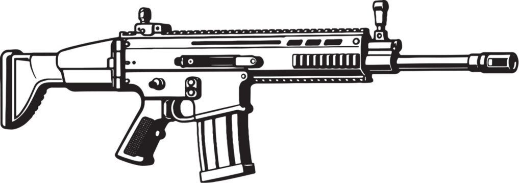 FN SCAR 17 Rifle Black and White Line Art Illustration