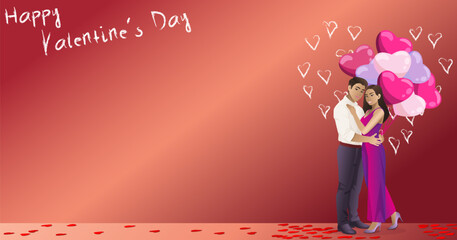 Romantic Asian couple with heart-shaped balloons on a pink bokeh background. Valentine Day design with copy space. Horizontal vector illustration.