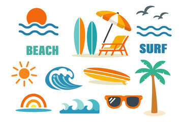 Summer Beach and Surf Illustration Icon Set