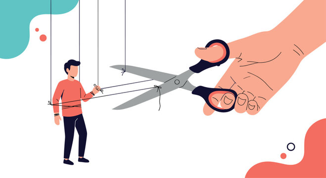 Large hand using scissors to cut the puppet strings attached to a man, symbolizing liberation, freedom, and independence.