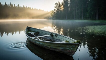 Obraz premium Rowboat on misty lake at sunrise with tranquil forest reflection