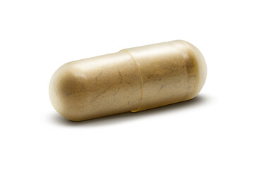 Macro Photo of Transparent Multivitamin Capsule with Mustard Powder..