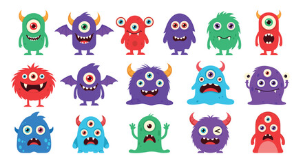 Obraz premium Wide variety of colorful cartoon monsters with different numbers of eyes, horns, and funny expressions on a white background.
