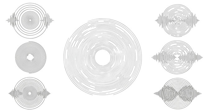 Set of circular sound wave and frequency icons in black and white, representing audio signals and digital rhythms.