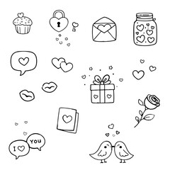 Valentine doodle icon set with hearts, envelope, gift box, cupcake, rose, love birds, jar, speech bubbles, lips and lock with key. Black outline clipart isolated on transparent background.