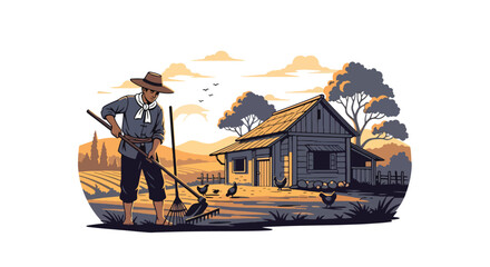 Vector illustration of an Asian farmer waking early and preparing tools at dawn, showing rural dedication, sustainable agriculture lifestyle, and calm countryside morning in flat vector style